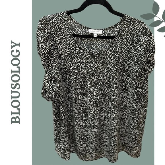 Blousology Black and White Print Women's Top Short Full Gathered Sleeve 3X - Picture 1 of 6